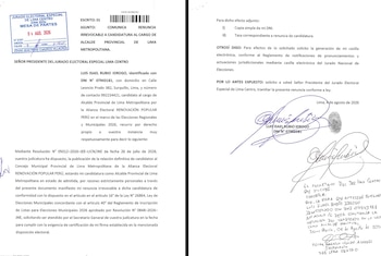 Documento con carta de renuncia de Luis Rubio a una candidatura política, incluye texto manuscrito, firmas, un código de barras y un sello de mesa de partes