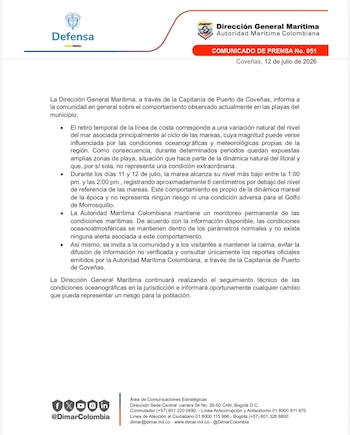 Dimar explicou que o afundamento temporário do mar em Coveñas está de acordo com o movimento das ondas e exclui que haja qualquer alarme ou perigo para a população. - Crédito Dimar
