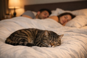 Gato atigrado durmiendo en cama blanca; dos personas durmiendo al fondo. Lámpara de mesa encendida.