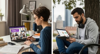 Una mujer con gafas usa un portátil en su escritorio con videollamada de educación virtual, y un hombre con auriculares revisa una tableta al aire libre.