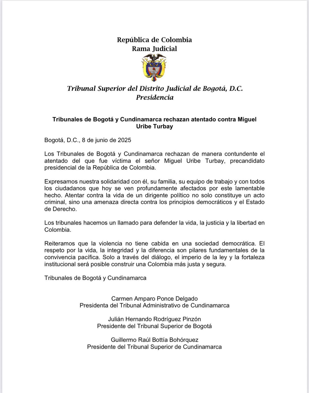 Comunicado de los tribunales de Bogotá y Cundinamarca, rechazando el atentado contra Miguel Uribe - crédito Tribunal Superior del Distrito Judicial de Bogotá