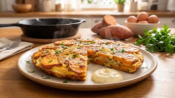 Frittata de batata cortada en un plato con salsa blanca, acompañada por una sartén de hierro, huevos en un tazón, batatas y perejil.