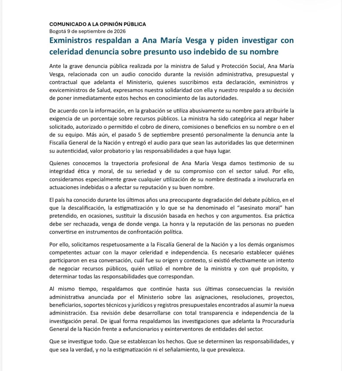 Los firmantes destacaron la integridad ética y moral de la exdirectora de Acemi, así como su trayectoria en el sector - crédito Suministrado infobae