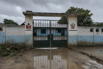 Portón metálico cerrado con candado en la entrada de una escuela, rodeado por barro y charcos de agua en el suelo.