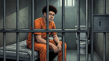 Ilustración de un hombre joven de cabello rizado con uniforme de prisión naranja, sentado en una cama tras las rejas de una celda con ventana y retrete.