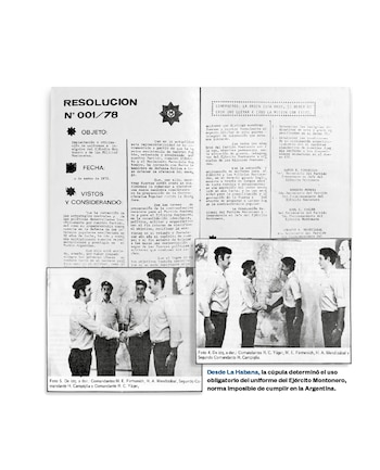 Documento en blanco y negro con el encabezado 'RESOLUCION N° 001/78' y fotografías de cuatro hombres jóvenes, vestidos con camisas claras de manga corta, estrechando sus manos en dos tomas