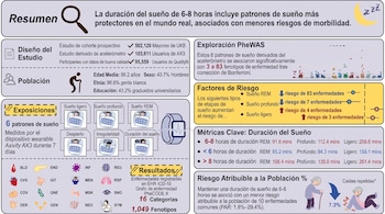 Infografía informativa sobre un estudio de descanso con secciones de métricas, factores de riesgo e íconos de categorías de salud.