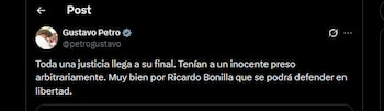 El presidente Gustavo Petro calificó de arbitraria la detención de Ricardo Bonilla y celebró su libertad como un acto de justicia - crédito @petrogustavo/X