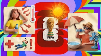 Ilustración de plastilina con mujer acalorada, termómetro, hombre desmayado, y bebedor de agua con sombrilla y ventilador. Trofeo FIFA derritiéndose bajo el sol.
