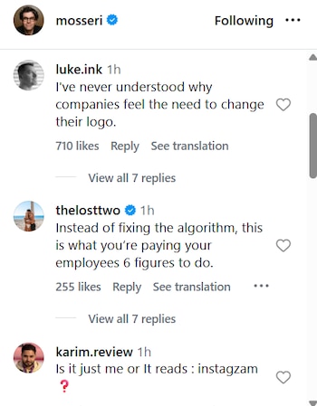 Captura de pantalla de la interfaz de Instagram con tres comentarios de usuarios bajo la publicación de Adam Mosseri, mostrando perfiles y texto