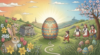 Dibujo conceptual de un paisaje primaveral con un conejo, niños, flores, un huevo de Pascua grande con una cruz y otros huevos decorados.