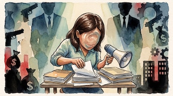 Caricatura de mujer con cabello castaño sentada en un escritorio con papeles, sostiene un megáfono; detrás hay hombres, pistolas, sacos de dinero, engranajes y edificios.