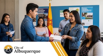 En una oficina municipal de Albuquerque, jóvenes adultos y mujeres reciben sobres. El logo de la ciudad y la bandera de Nuevo México se ven en el fondo.