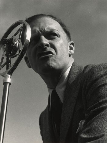 "Hombre ante el micrófono, manifestación