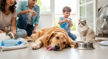 Perro golden retriever tendido en el suelo con la lengua fuera, junto a un plato de agua, una botella fría y un ventilador, con una familia y otras mascotas detrás.