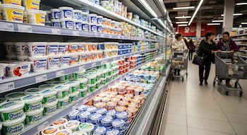 Estantes de supermercado repletos de envases de queso cottage, queso y lácteos. Dos mujeres con carros de compra caminan por el pasillo.