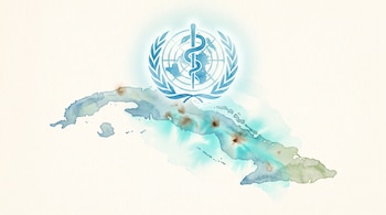 Mapa de Cuba pintado en acuarela en tonos azules y verdes con el emblema de la Organización Mundial de la Salud sobre su parte central superior.