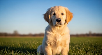 Cachorro de perro de pelaje dorado sentado sobre el césped en un campo bajo cielo despejado.