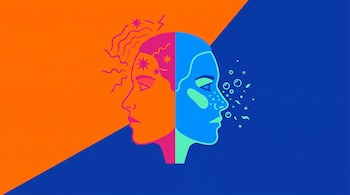 Ilustración de un rostro de perfil dividido, con un lado fucsia y naranja con ondas y destellos, y el otro azul y verde con burbujas y motas. Fondo naranja y azul.