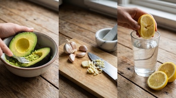 Collage de tres imágenes: mano triturando aguacate en un cuenco, ajo picado en una tabla y mano exprimiendo limón en un vaso de agua.
