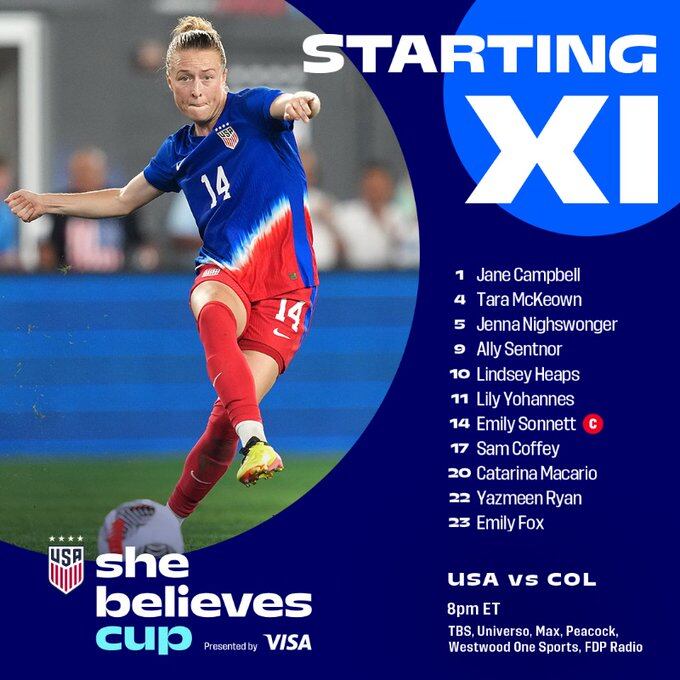 Así jugarán los Estados Unidos contra la selección Colombia femenina, por la She Believes Cup - crédito @USWNT/X