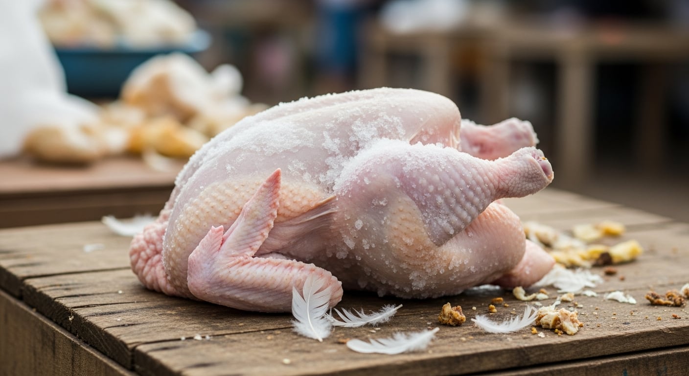 Un pollo entero congelado sobre una superficie de madera ilustra la falta de respaldo sanitario en Costa Rica. (Imagen Ilustrativa Infobae)