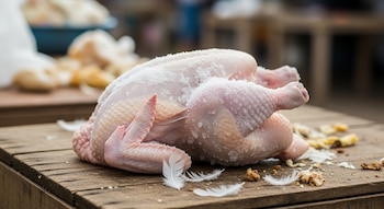 Pollo entero congelado con escarcha de hielo y algunas plumas pequeñas, dispuesto sobre una tabla de madera rústica con residuos.