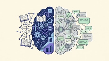 Ilustración de un cerebro partido: el hemisferio izquierdo con engranajes y libros; el derecho con circuitos, chips y burbujas de diálogo