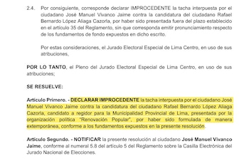 JEE rechaza tacha contra Rafael López Aliaga