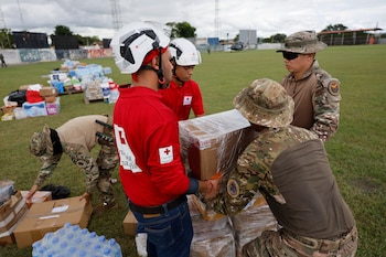 Dos voluntarios de la Cruz Roja y dos militares sostienen una caja empaquetada junto a paquetes de agua y víveres sobre el césped