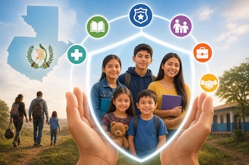 Cinco menores aparecen dentro de un escudo con iconos rodeado por dos manos, junto al mapa de Guatemala y una familia sobre un camino.