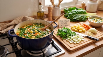 Una cazuela azul con sopa humeante sobre la estufa junto a una tabla con verduras troceadas y una nota explicativa.