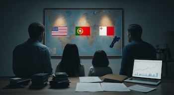 Cuatro siluetas de personas observan un mapa mundial con banderas de Estados Unidos, Portugal, Malta y un contorno de Nueva Zelanda; hay pasaportes y un laptop con gráficos en la mesa.