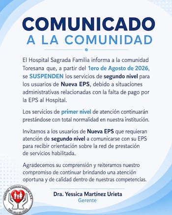 El hospital Sagrada Familia dejó de recibir desde el 1 de agosto a afiliados de Nueva EPS que requieren atención de segundo nivel - crédito hospital Sagrada Familia
