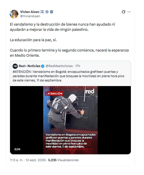 Con este mensaje en su perfil de X, Vivian Aisen, embajadora de Israel, se refirió a las protestas en Bogotá durante la jornada del 11 de septiembre - crédito @VivianAisen/X