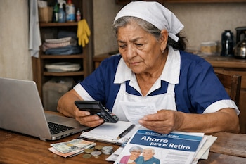Mujer de edad avanzada sentada en una mesa con un ordenador portátil, una calculadora, papeles, billetes, monedas y un folleto de ahorro para el retiro.