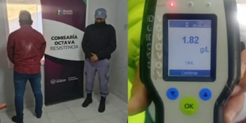 Un hombre de espaldas y un agente de policía junto a un cartel de Comisaría Octava Resistencia. Un alcoholímetro digital muestra 1.82 g/L