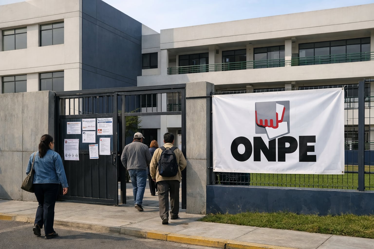 Ciudadanos ingresan a un colegio moderno en Lima, habilitado como nuevo centro de votación, con una pancarta de la ONPE visible en la reja principal. (Imagen Ilustrativa Infobae)