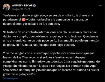 Agmeth Escaf afirmó que el país quedó muy mal por perder la sede de los Juegos Panamericanos - crédito @agmethescaf/X