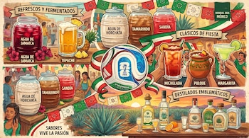 Una ilustración colorida muestra una variedad de bebidas mexicanas, incluyendo aguas frescas, fermentados y destilados, junto a un balón del Mundial 2026.