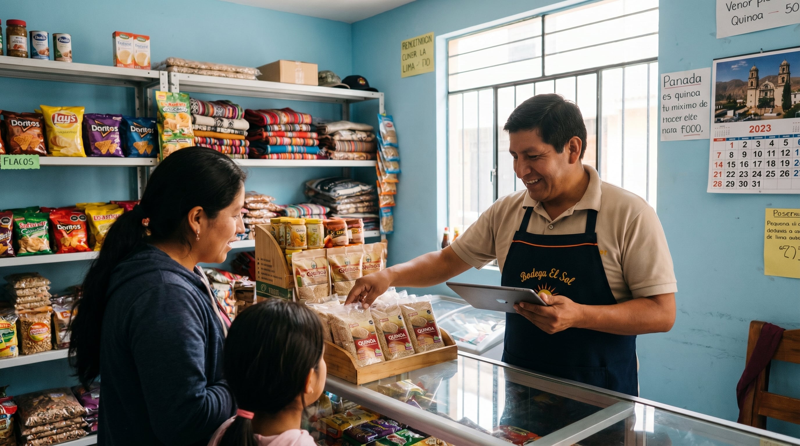 Un emprendedor peruano sonriente atiende a una cliente y su hija, organizando productos como quinua y revisando una tablet en su bodega, reflejando el dinamismo de las microempresas en Perú. (Imagen Ilustrativa Infobae)