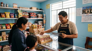 Un hombre sonriente con delantal azul atiende a una mujer y una niña en una bodega, donde se ven estantes con productos y él sostiene una tablet.