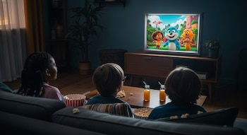 Tres niños sentados en un sofá, vistos de espaldas, viendo un programa de dibujos animados en un televisor. Hay palomitas y vasos de jugo en la mesa.