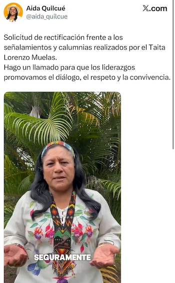 Aida Quilcué cuestionó estigmatización tras ser vinculada con entrega de tierras - crédito @aida_quilcue/X