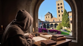 Un monje con capucha escribe sobre un pergamino en una mesa con libros, con un arco que deja ver un monasterio y un campanario al fondo.