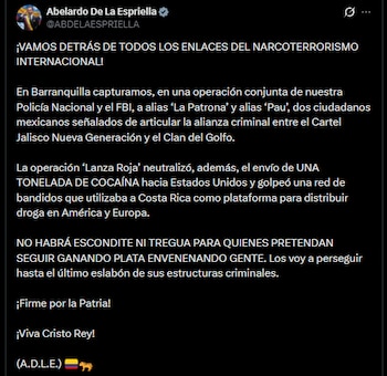 El presidente Abelardo de la Espriella se pronunció en su cuenta de X luego de la captura de los enlaces entre el clan del Golfo y el Cartel Nueva Generación Jalisco - crédito @ABDELAESPRIELLA/X