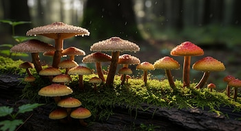 Hongos silvestres amarillos, rojos y marrones con gotas de agua, sobre un tronco cubierto de musgo verde. El fondo muestra un bosque ligeramente iluminado.