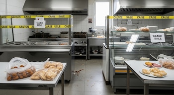 Fotografía de una cocina industrial genérica, con equipos de acero inoxidable cubiertos por cinta amarilla de precaución y carteles de "CESE DE USO" y "CESE DE VENTA". Alimentos embolsados y restos en el suelo.
