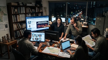 Cinco personas en una oficina nocturna con computadoras que exhiben esculturas antiguas, un reloj regresivo, mapas impresos y libros.