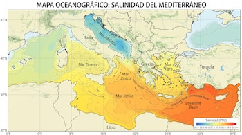 Mapa del mar Mediterráneo codificado por colores según la salinidad, con nombres de mares regionales y una leyenda con valores en PSU.
